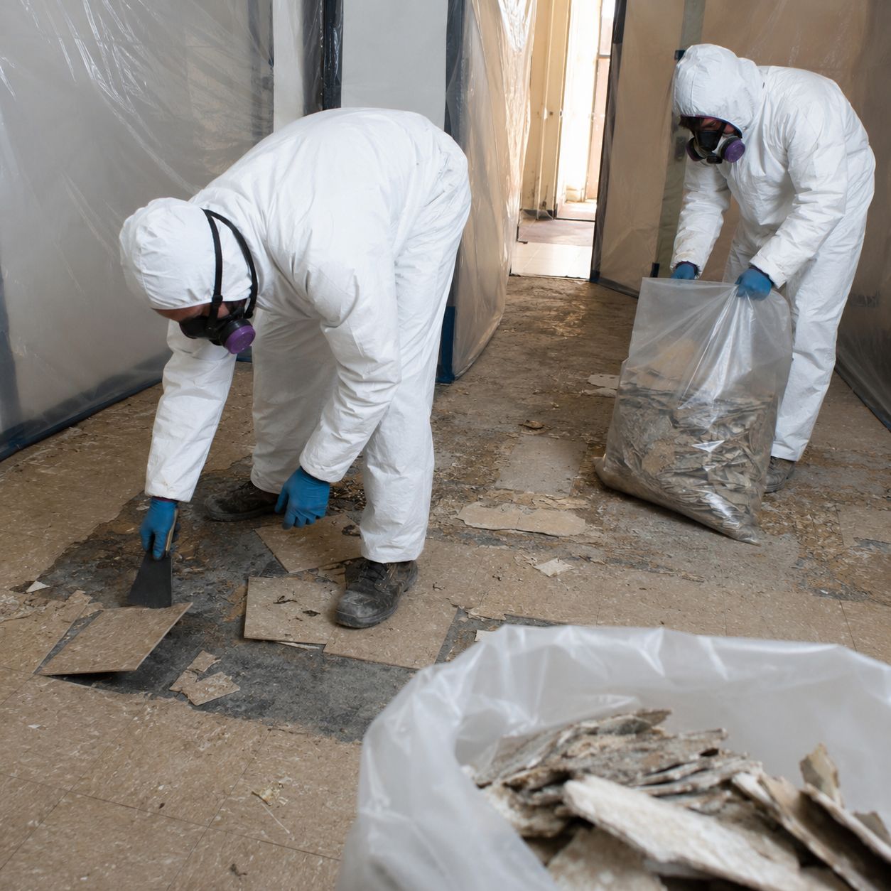 Licensed technicians sealing containment barrier in residential hallway