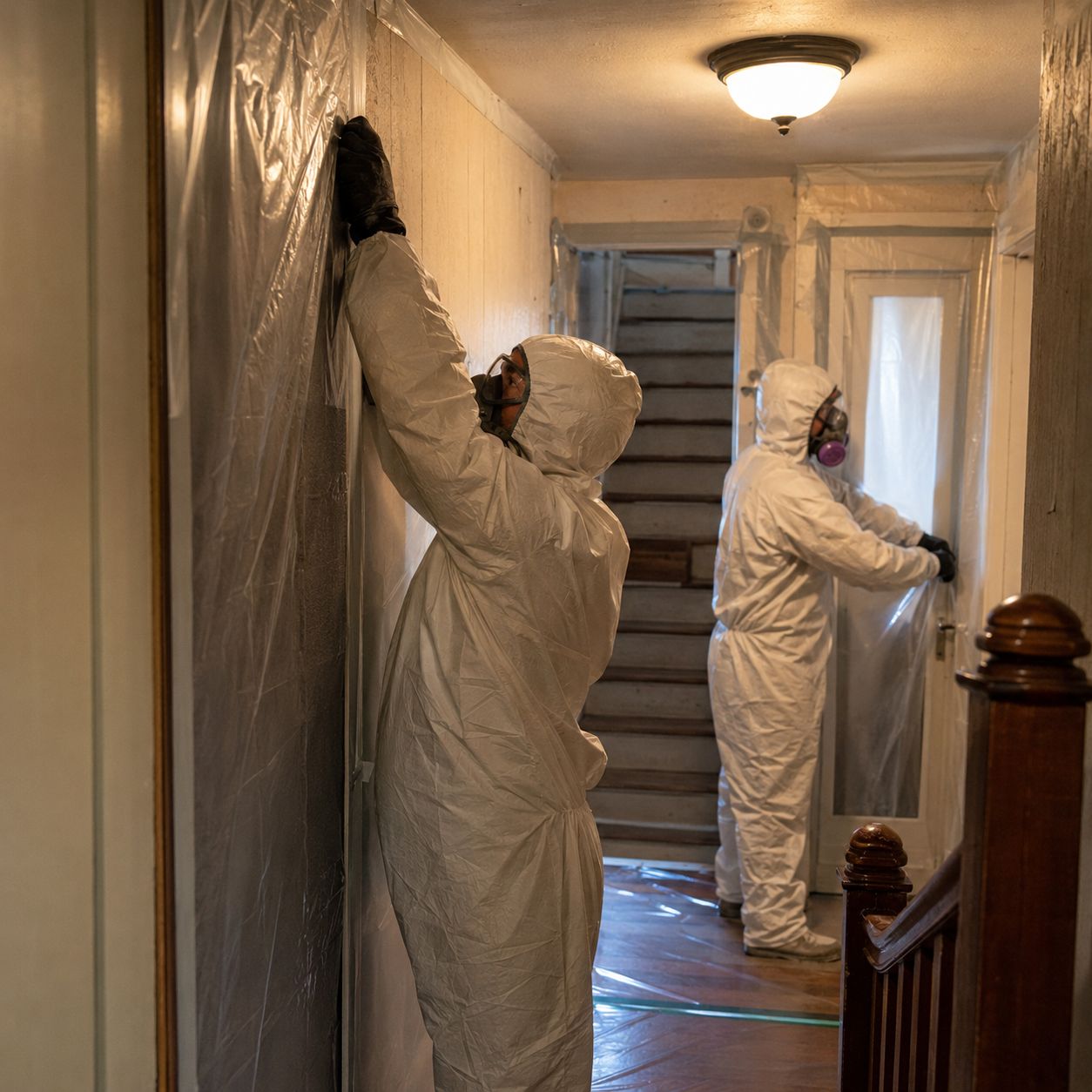EPA certified specialists bagging asbestos waste inside sealed containment